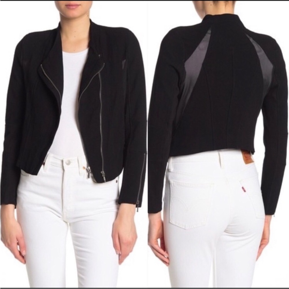 BLANKNYC Black Denim Mesh Detail Crepe Moto Jacket